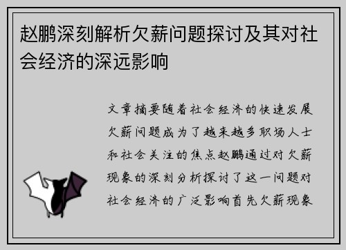 赵鹏深刻解析欠薪问题探讨及其对社会经济的深远影响