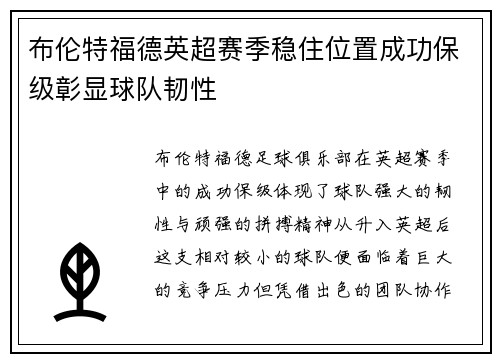 布伦特福德英超赛季稳住位置成功保级彰显球队韧性
