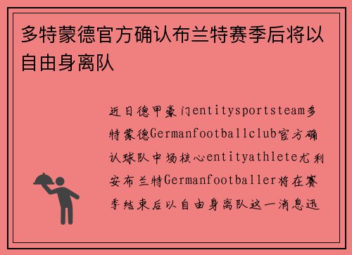 多特蒙德官方确认布兰特赛季后将以自由身离队