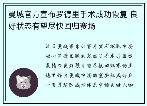 曼城官方宣布罗德里手术成功恢复 良好状态有望尽快回归赛场 曼城官方宣布罗德里手术成功恢复 良好状态有望尽快回归赛场